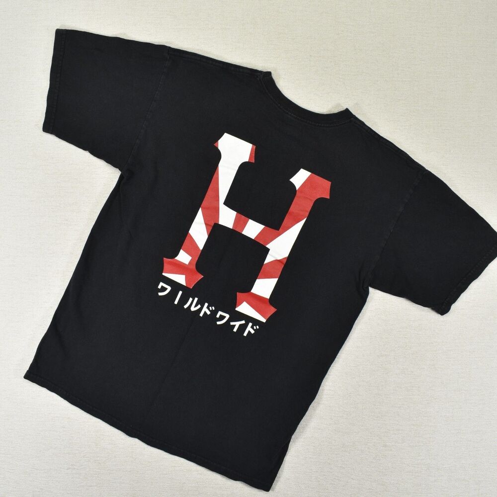 HUF Worldwide T Shirt Black Graphic Japanese Characters H Letter Logo Skate M